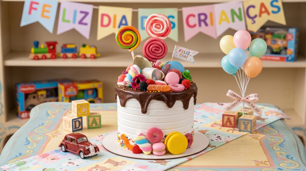 Doces para dia das crianças para vender com bolo temático colorido