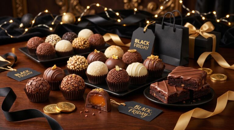 Black friday para confeitaria com doces finos premium em fundo elegante escuro