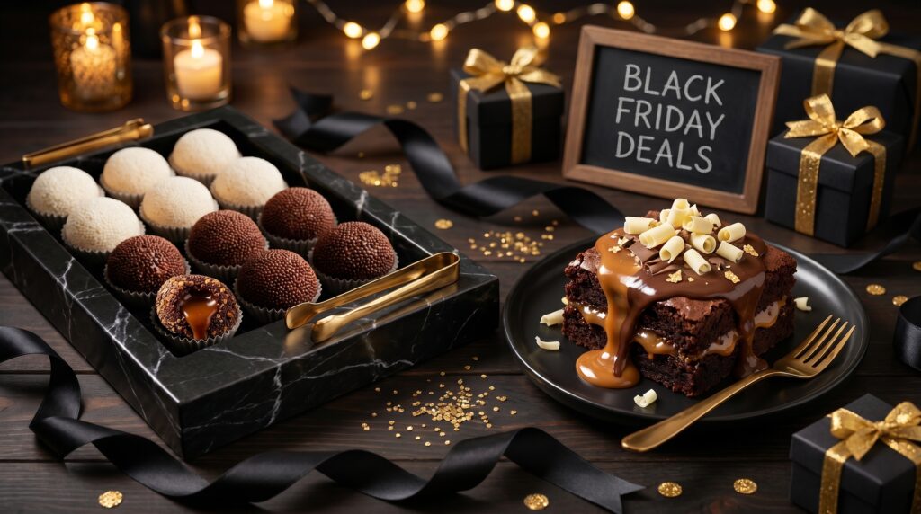 Black friday para confeitaria com doces finos premium em fundo elegante escuro