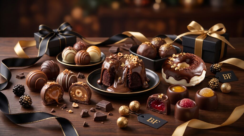 Black friday para confeitaria com doces finos premium em fundo elegante escuro