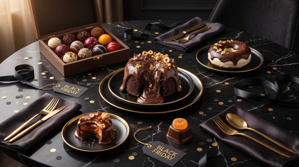 Black friday para confeitaria com doces finos premium em fundo elegante escuro