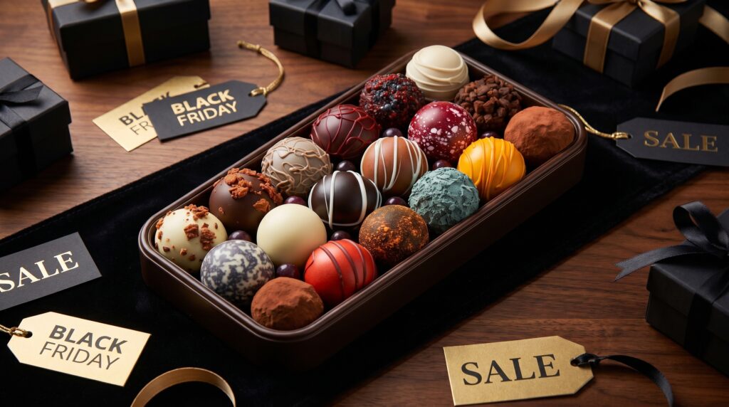 Black friday para confeitaria com doces finos premium em fundo elegante escuro