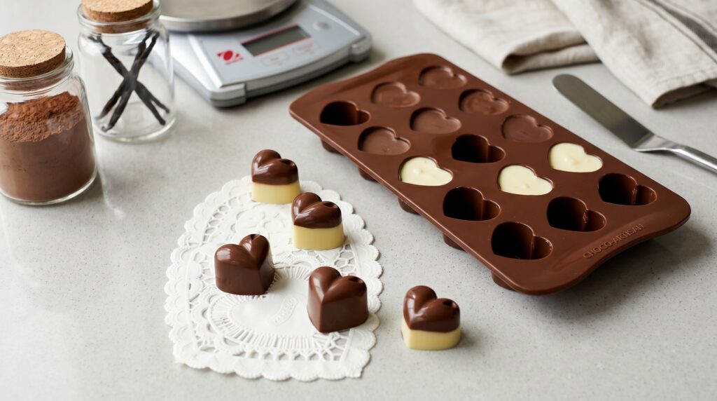 Moldes de silicone para confeitaria caseira com bombons e brigadeiros desmoldados
