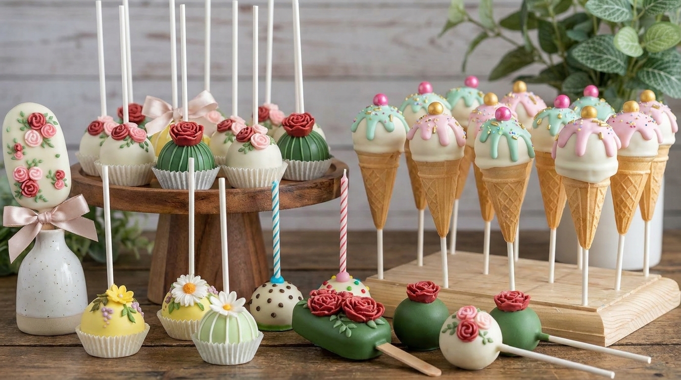 Cake pops decorados em arranjo para festa