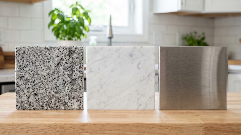 comparação de materiais de bancada para confeitaria mármore granito e inox