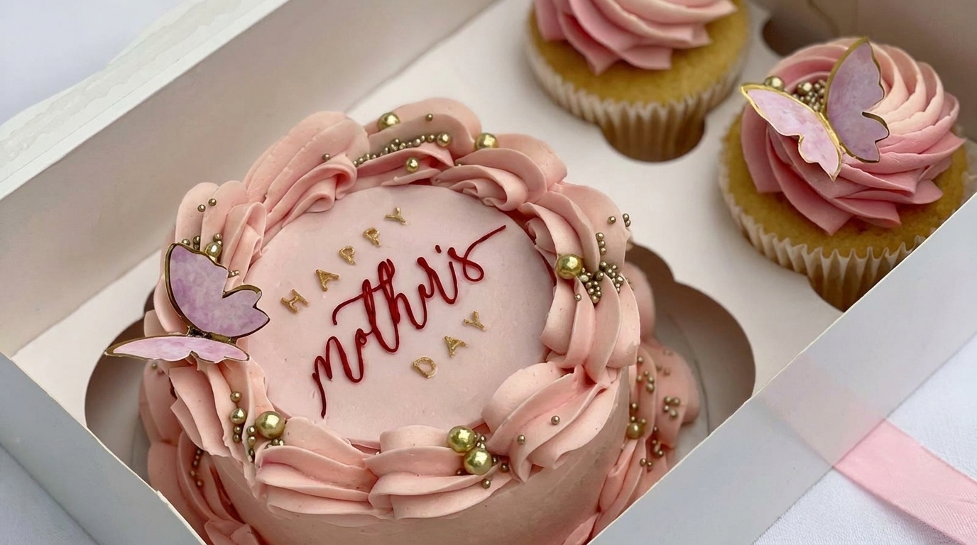 Caixa minimalista de bento cake com fitinha e cartão de mensagem"