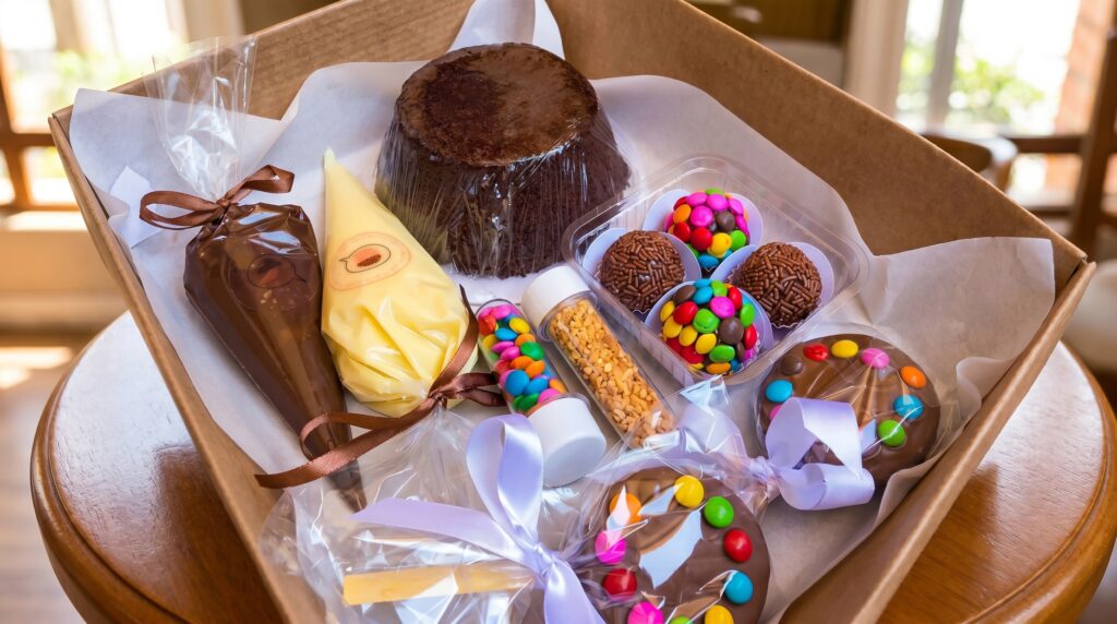 caixa com brigadeiro e montagem de bolo para o Dia das Crianças