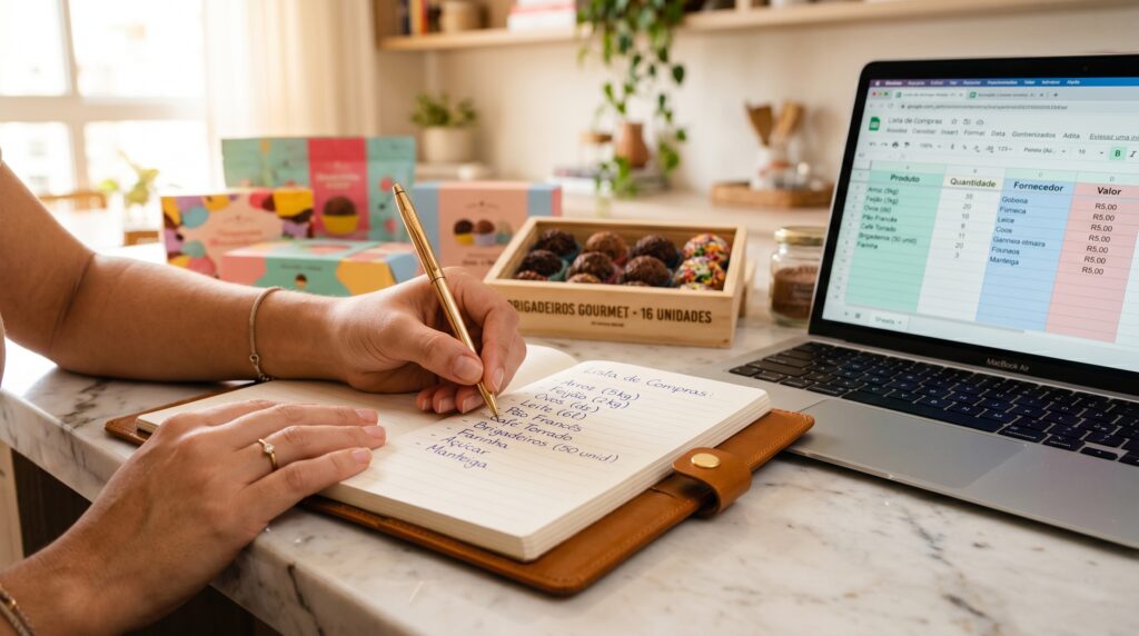planilha de controle de estoque para confeitaria caseira com lista de compras organizada