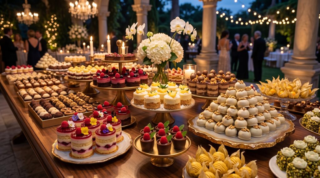 mesa de doces para 150 pessoas decorada com brigadeiros macarons e mini bolos para evento