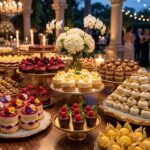 mesa de doces para 150 pessoas decorada com brigadeiros macarons e mini bolos para evento