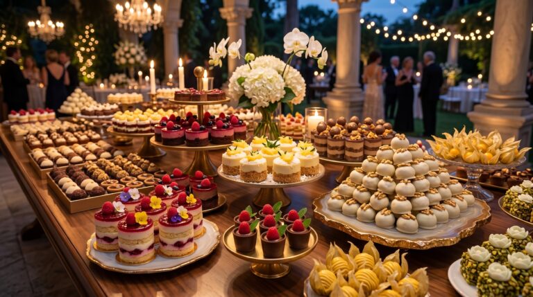 mesa de doces para 150 pessoas decorada com brigadeiros macarons e mini bolos para evento