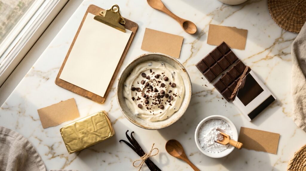 Flat lay vista de cima em bancada de mármore branco com veios dourados: ingredientes de confeitaria organizados em grupos com cartõezinhos de identificação manuscritos, tigela de cerâmica creme com gotas de chocolate belga, barra de chocolate 70% cacau partido ao meio, ramequim com açúcar de confeiteiro, manteiga sem sal em embrulho dourado, prancheta com lista de inventário escrita à mão, luz solar quente difusa, composição harmoniosa estilo editorial de confeitaria Como Controlar Estoque de Ingredientes na Confeitaria Caseira