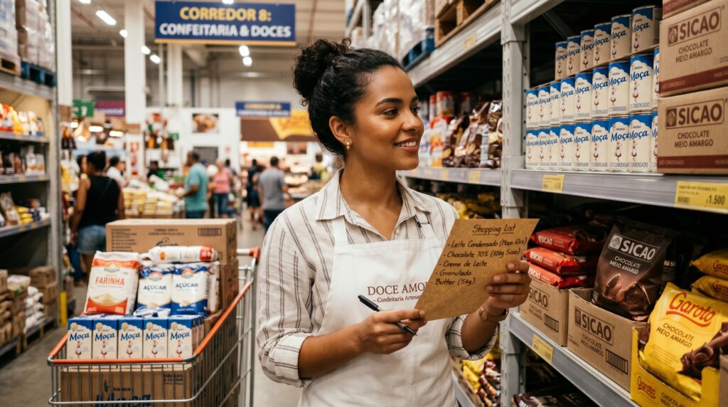 confeiteira comprando ingredientes no atacado com controle de estoque planejado