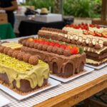 Mesa de festival de fatias de bolo com sabores variados e recheio cremoso aparente