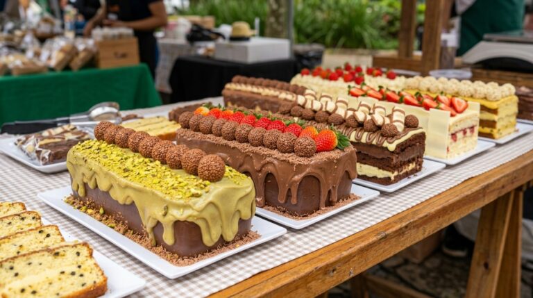 Mesa de festival de fatias de bolo com sabores variados e recheio cremoso aparente