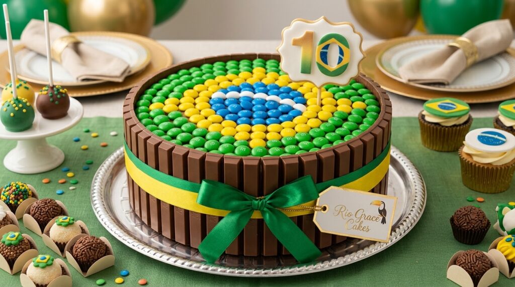 Bolo com cerca de chocolate e confeitos formando a bandeira