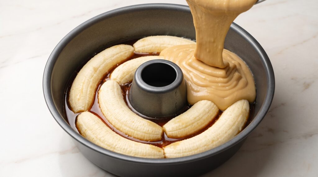 Forma de bolo com caramelo e bananas dispostas em círculo, com massa sendo despejada por cima antes de ir ao forno