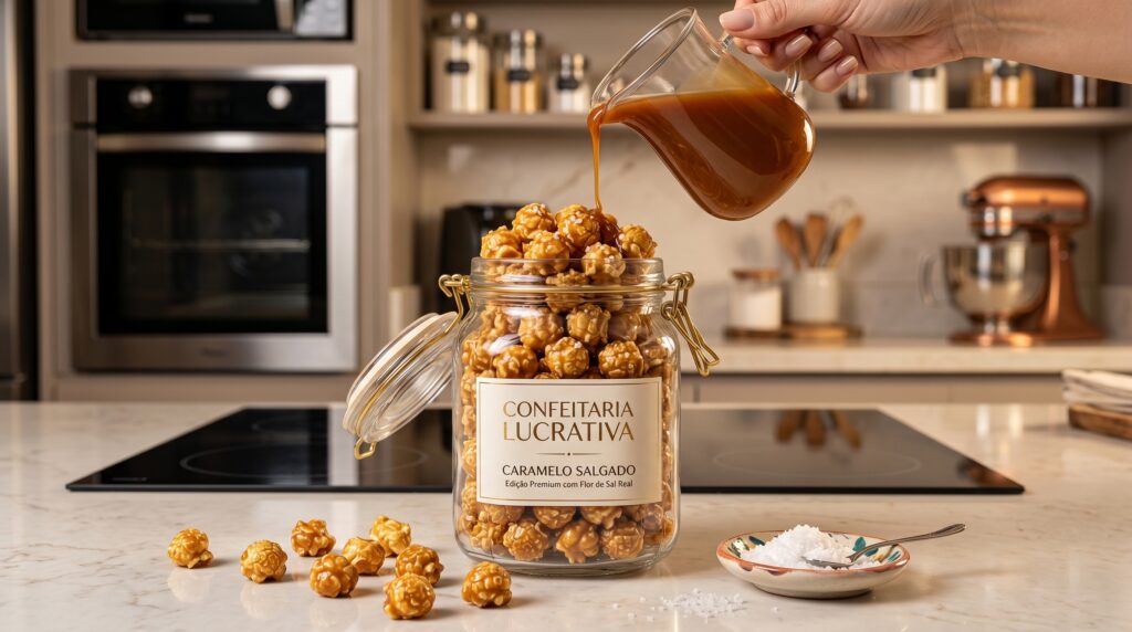 pipoca gourmet de caramelo salgado com flor de sal em pote para vender