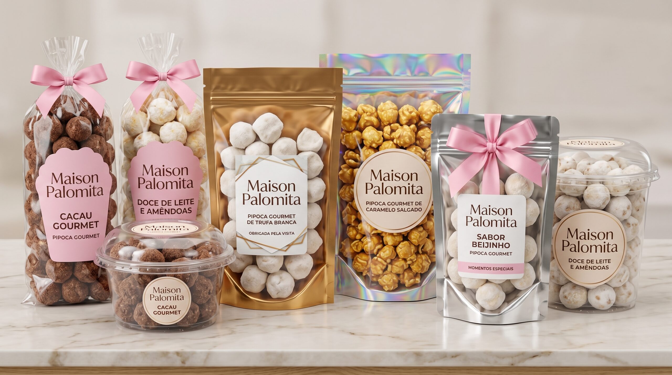 pipoca doce gourmet embalada em saquinho transparente com tag personalizada