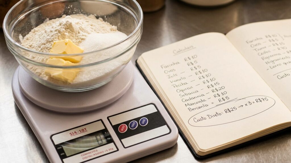 Balança de cozinha com ingredientes ao lado de caderno com cálculo de custo direto de R$ 25 multiplicado por 3, resultando em R$ 75 de preço de venda