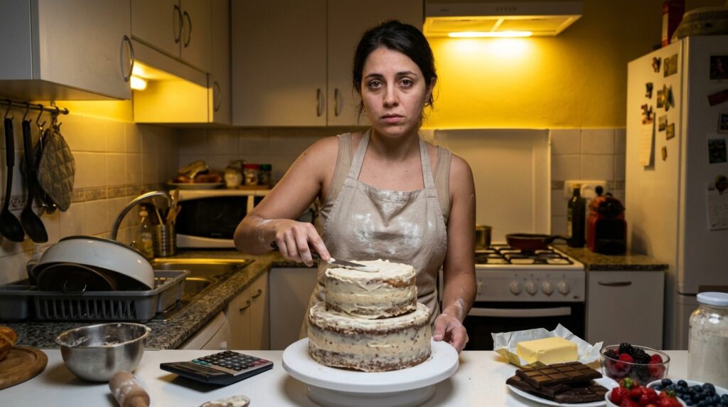 Confeiteira cansada decorando bolo naked cake à noite na cozinha, com calculadora ao lado, representando o desgaste de trabalhar sem precificar corretamente
