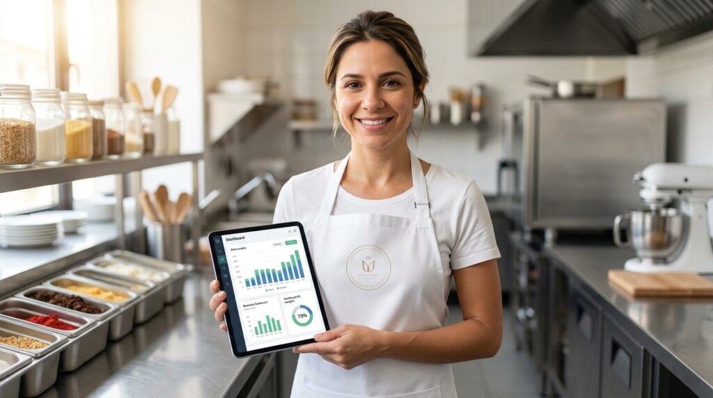 Confeiteira sorridente em cozinha profissional segurando tablet com gráfico de margem de lucro de 79%, representando o resultado de precificar corretamente