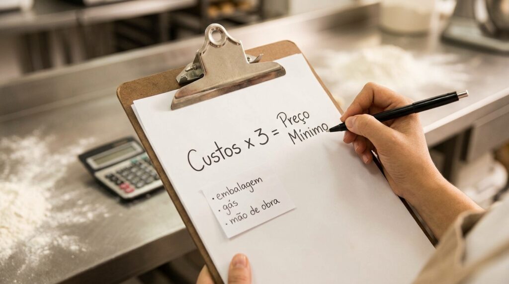 Mão escrevendo em prancheta a fórmula Custos x 3 igual a Preço Mínimo, com lista de embalagem, gás e mão de obra ao lado de uma calculadora