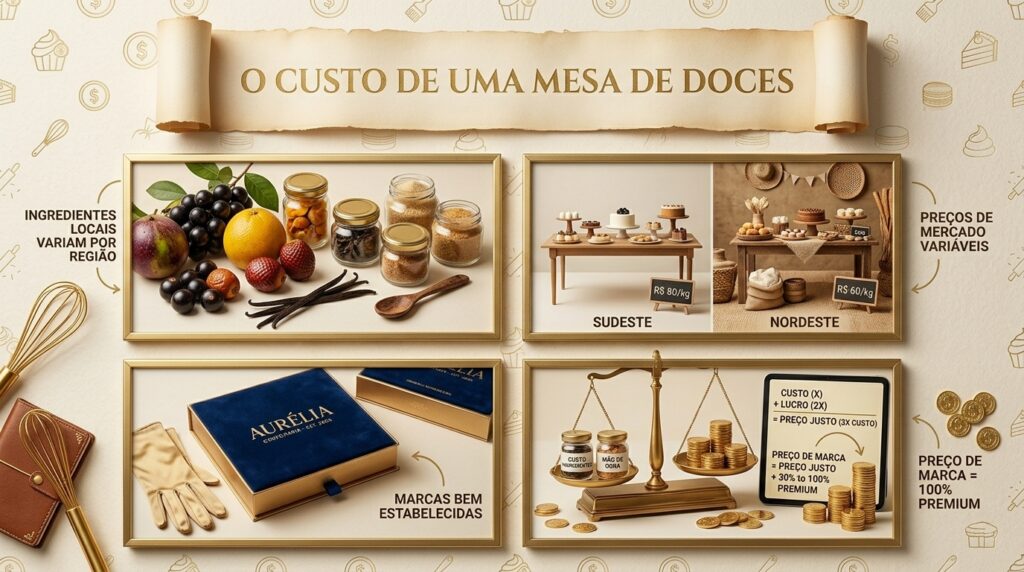 Infográfico com quatro quadros mostrando o custo de uma mesa de doces, incluindo ingredientes regionais, preços por região, embalagem de marca e fórmula de precificação