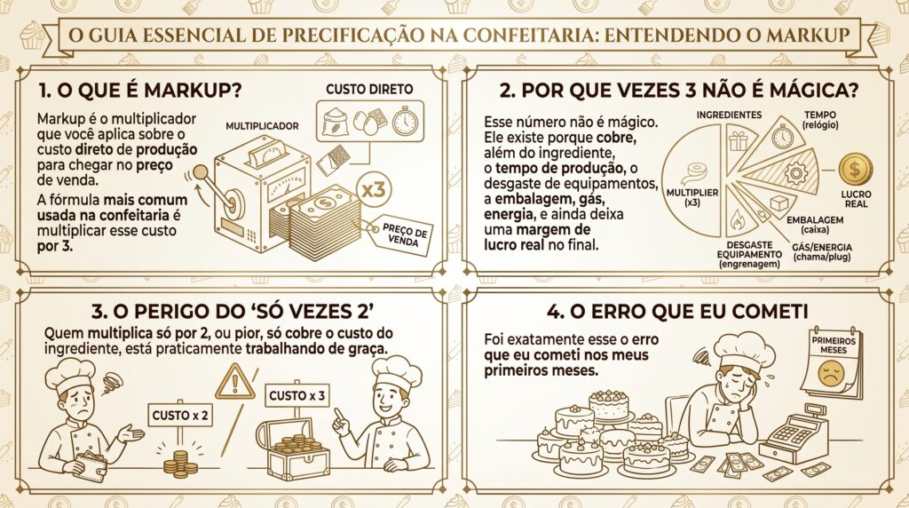 Infográfico com quatro quadros explicando o que é markup, por que multiplicar por 3, o risco de multiplicar só por 2 e o erro comum de precificar errado no início