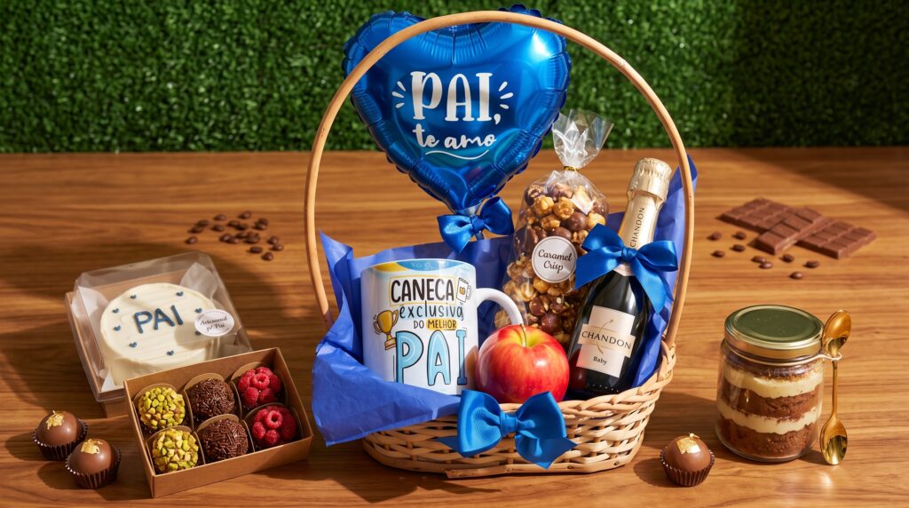 cesta premium dia dos pais com doces artesanais em embalagem de vime