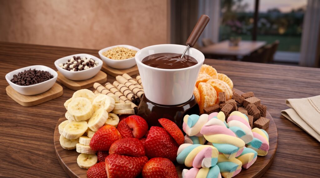 fondue de chocolate branco com frutas e biscoito wafer para mergulhar