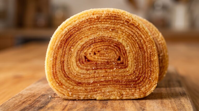 Bolo de rolo cortado ao meio mostrando as camadas finissimas em espiral sobre tabua de madeira