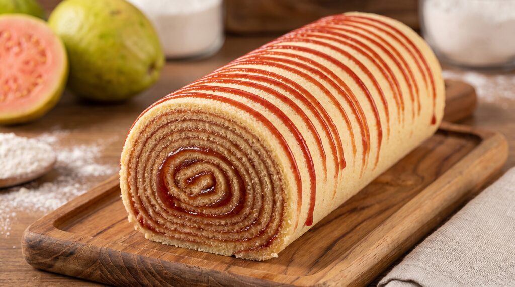 Bolo de rolo cortado mostrando as camadas finas de massa e goiabada em espiral, com goiabas ao fundo