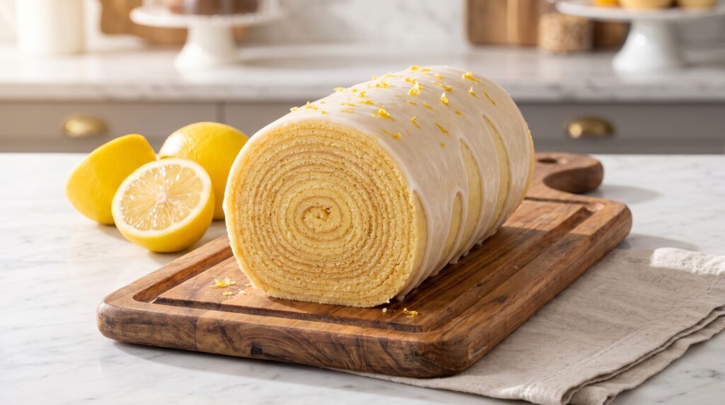 Fatia de bolo de rolo com cobertura branca e raspas de limão, mostrando as camadas em espiral