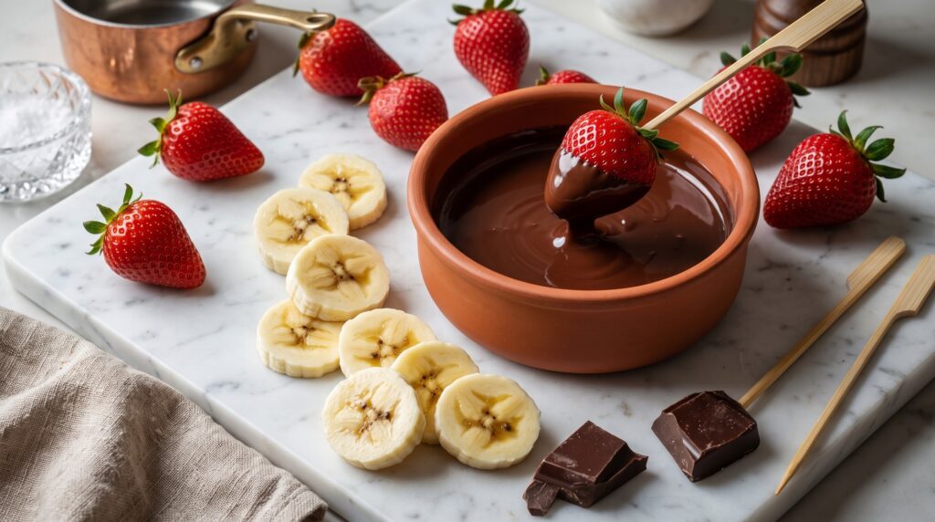 rechaud com vela e panelinha de fondue de chocolate aquecida pronta para servir