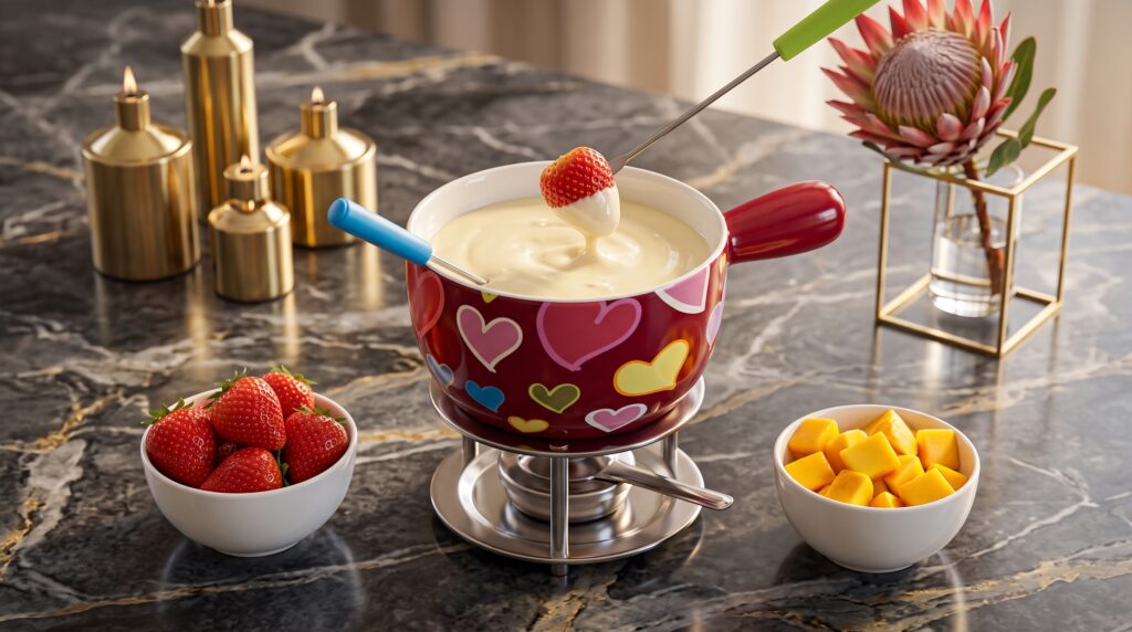 ganache de chocolate derretida com acompanhamentos variados para fondue