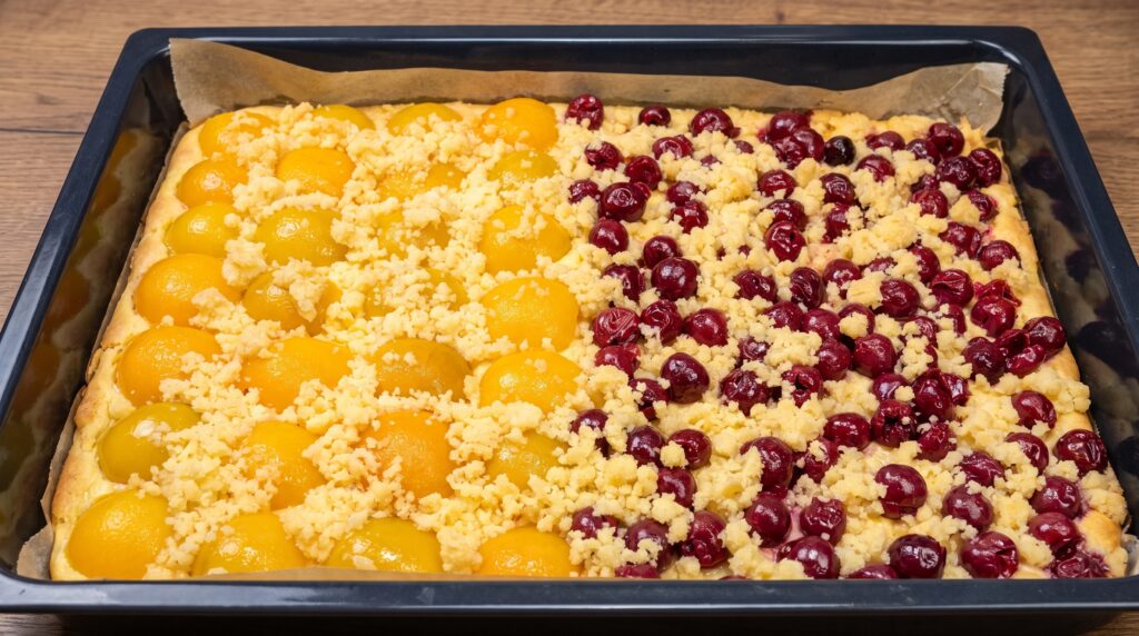 Cuca alemã assada em forma retangular, metade com pêssego e metade com cereja, streusel dourado por cima