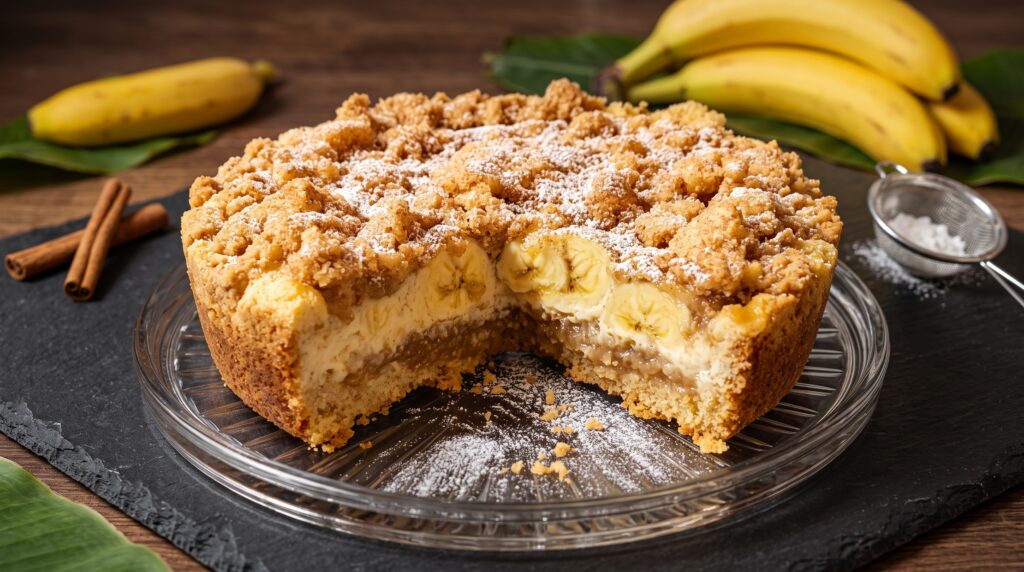 cuca de banana com streusel de canela pronta para servir
