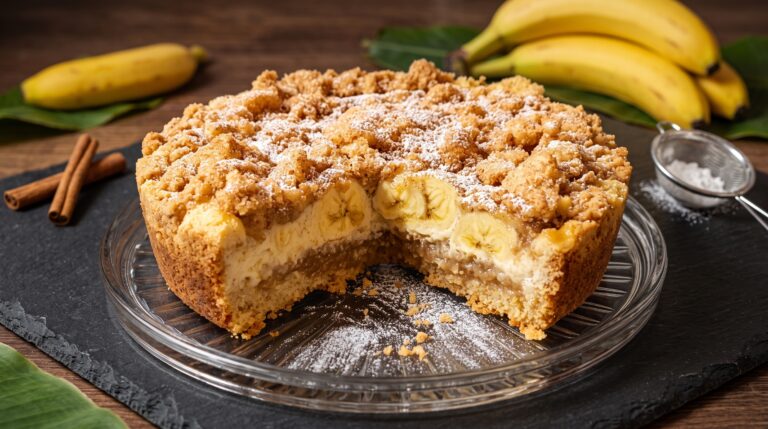 cuca de banana com streusel de canela pronta para servir