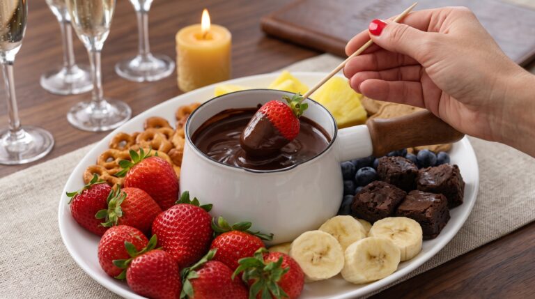 fondue de chocolate cremoso servido com morangos e marshmallow em rechaud