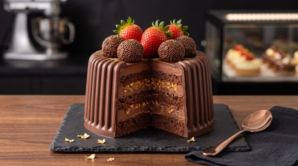 Montagem interna do bolo bombom com camadas de farelos de bolo umedecidos e creme cremoso dentro da casquinha de chocolate