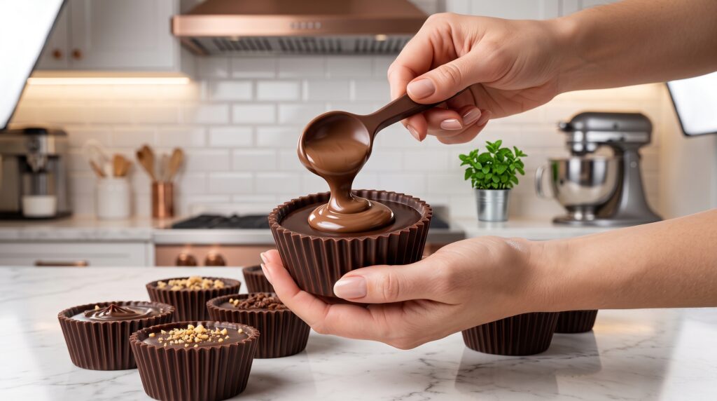 Bolo bombom inteiro com casquinha de chocolate com ranhuras verticais apresentado em prato de confeitaria profissional
