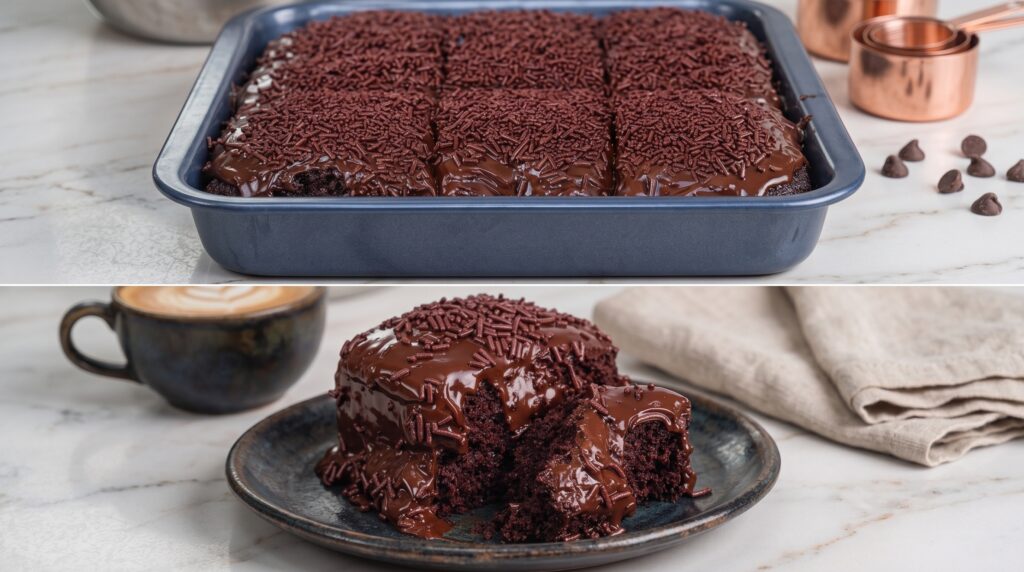 Bolo de chocolate fofinho decorado com granulado de chocolate e morangos frescos