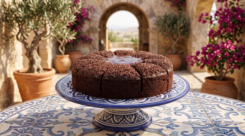 Fatia de bolo de chocolate fofinho com recheio cremoso de brigadeiro de chocolate