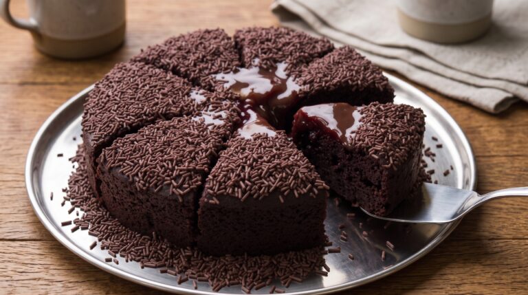 Bolo de chocolate fofinho com cobertura de ganache cortado ao meio mostrando a massa umida