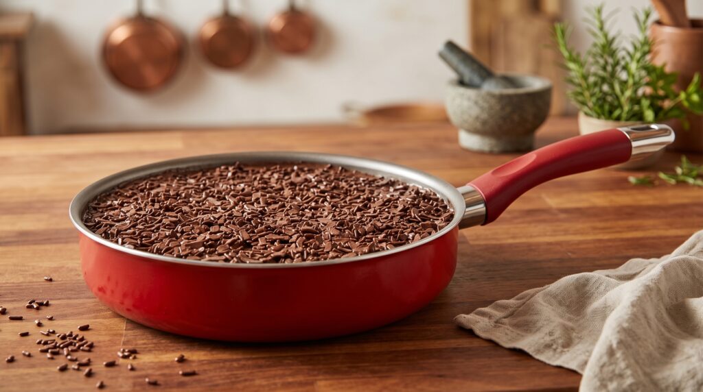 Bolo de frigideira de chocolate cremoso feito na frigideira com cabo, pronto para servir