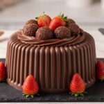 Corte do bolo bombom mostrando o recheio cremoso de brigadeiro por dentro da casquinha de chocolate riscada