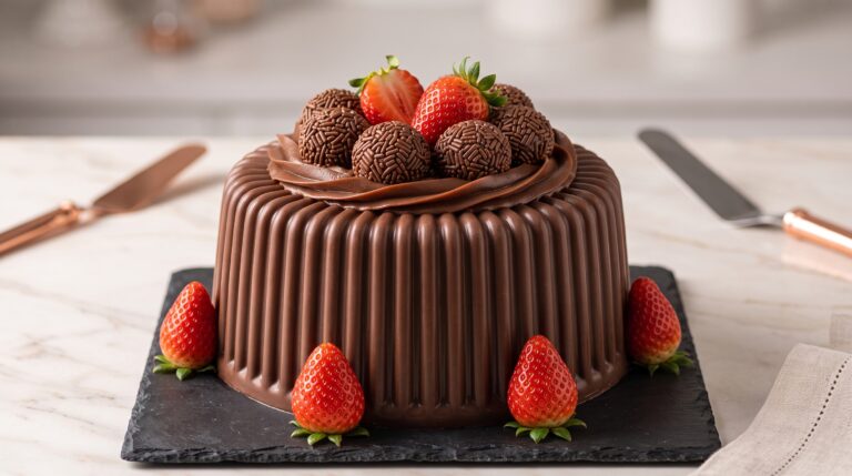 Corte do bolo bombom mostrando o recheio cremoso de brigadeiro por dentro da casquinha de chocolate riscada