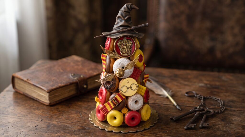 Torre de mini donuts decorados com tema Harry Potter, empilhados em formato de cone com detalhes dourados e chapéu de bruxo no topo