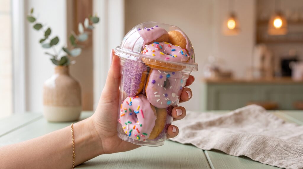 Mão segurando copo transparente com mini donuts cobertos de rosa e granulado colorido, exemplo de embalagem para venda em eventos